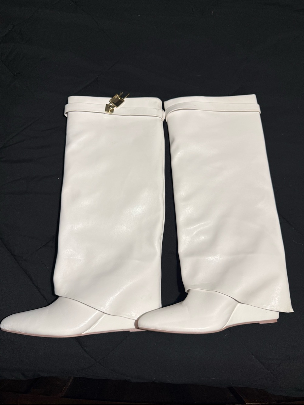 White Knee-High Wedge Boots - Women's Leather Look